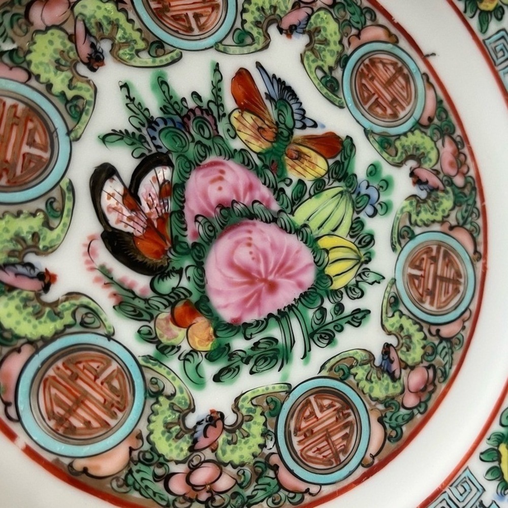 Vintage Rose Medallion Porcelain Salad Plates Pair Famille Rose Floral Birds - Picture 12 of 15